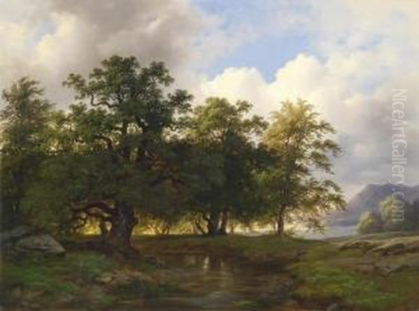 Woodland Landscape With Lake Oil Painting by Joseph Holzer