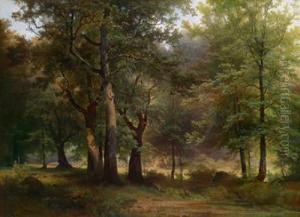 Grose Waldlandschaft Mit Rotwild Im Vordergrund Oil Painting by Joseph Holzer