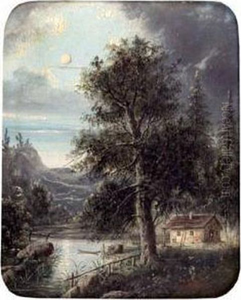 Mondscheinnacht Amgebirgssee Oil Painting by Joseph Holzer