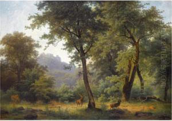 Waldlandschaft Mit Reh (forest Landscape With Deer) Oil Painting by Joseph Holzer