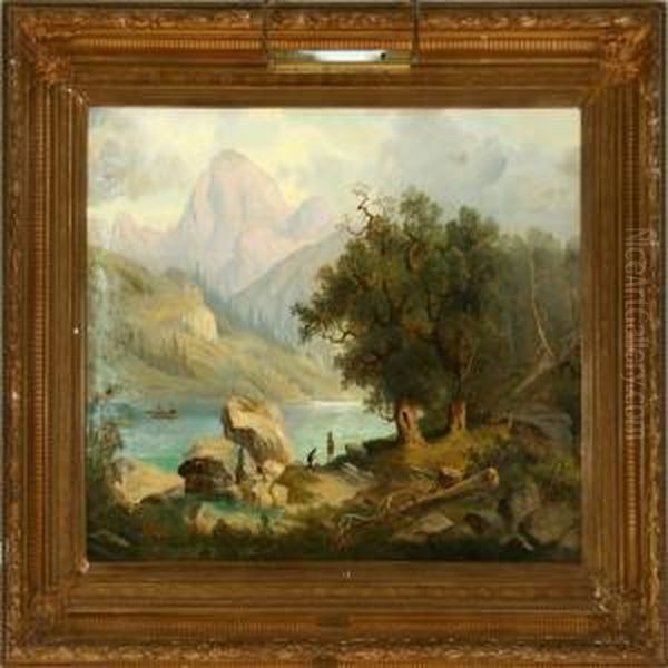 Alpine Scenery With Fishermen At The Mountain Lake Oil Painting by Joseph Holzer