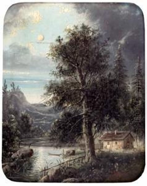 Mondscheinnacht Am Gebirgssee Oil Painting by Joseph Holzer