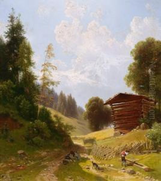 Auf Der Alm Oil Painting by Joseph Holzer