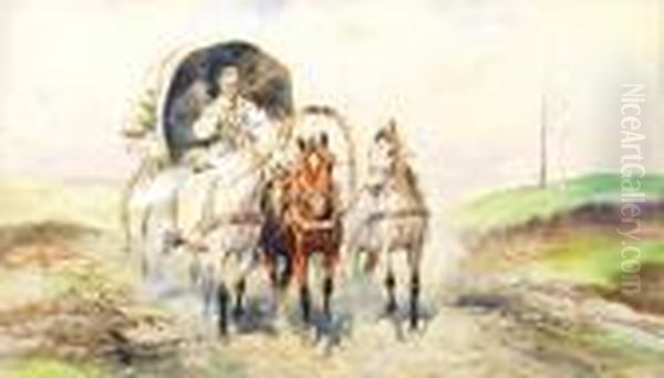 Ukrainian Peasants In A Wagon Oil Painting by Juliusz Holzmutller