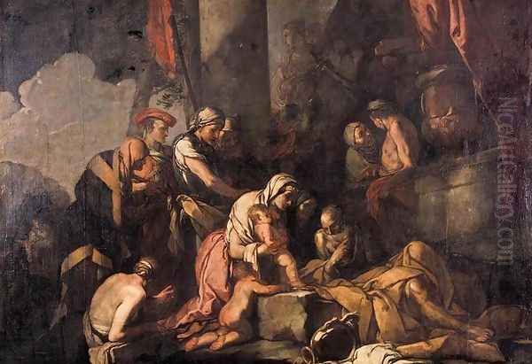 Liriope Bringing Narcissus before Tiresias 1660s Oil Painting by Giulio Carpioni