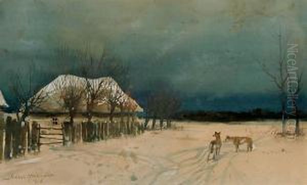 Pejzaz Zimowy Z Wilkami, 1918 R. Oil Painting by Juliusz Holzmutller