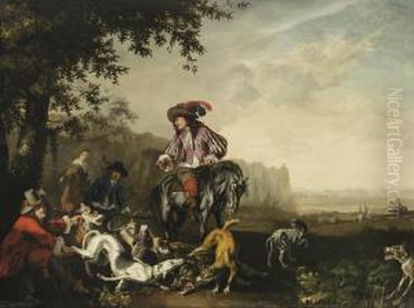 An Italianate Landscape With An 
Elegant Company On A Hunt, Dogscatching A Wild Boar In The Foreground Oil Painting by Abraham Hondius