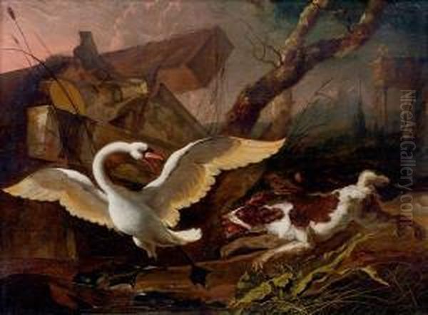 Chien Poursuivant Un Cygne Dans Un Paysage Oil Painting by Abraham Hondius