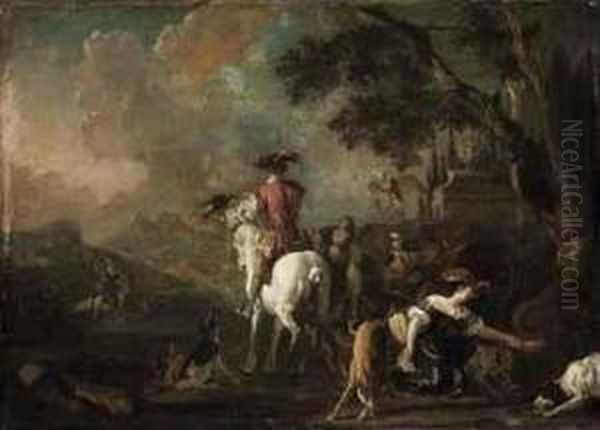 A Hawking Party In A Wooded Landscape Oil Painting by Abraham Hondius