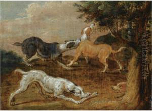 Four Hounds In A Wooded Landscape Oil Painting by Abraham Hondius