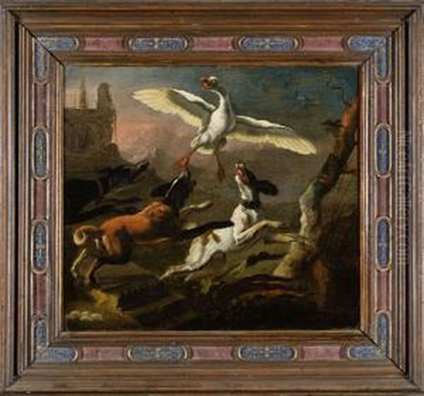 Oche Selvatiche Attaccate Da Cani Da Caccia Oil Painting by Abraham Hondius