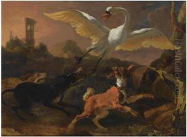 Three Hounds Chasing A Swan In A Landscape, A View Of A Ruinbeyond Oil Painting by Abraham Hondius