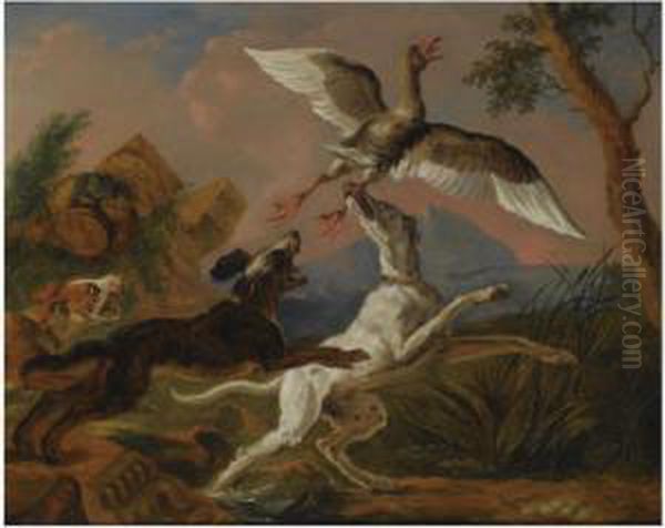 Three Hounds Chasing A Nesting Wild Goose In A Hillylandscape Oil Painting by Abraham Hondius