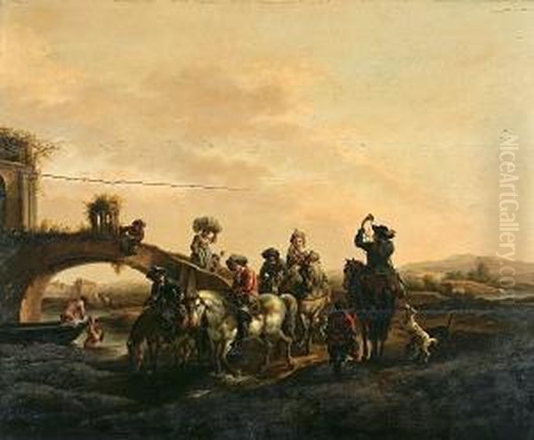 A Hawking Party Crossing A Bridge by Abraham Hondius