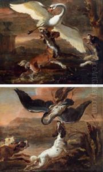 Due Cani Che Cacciano Un Cigno Oil Painting by Abraham Hondius