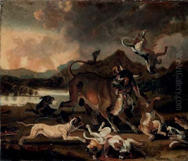 Hounds Attacking A Bull In A River Landscape Oil Painting by Abraham Hondius