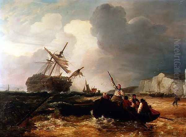 Rowing Boat Going to the Aid of a Man-o'-War in a Storm Oil Painting by George Chambers