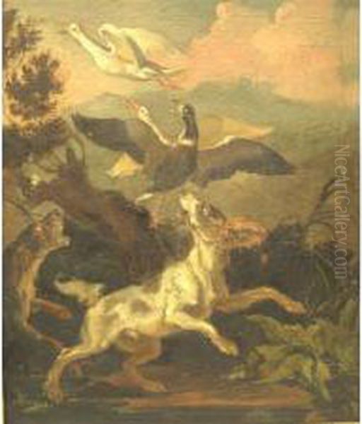 Two Houndsflushing Three Birds, Bearing Signature Verso, And An Old Waxcollector's Mark Oil Painting by Abraham Hondius