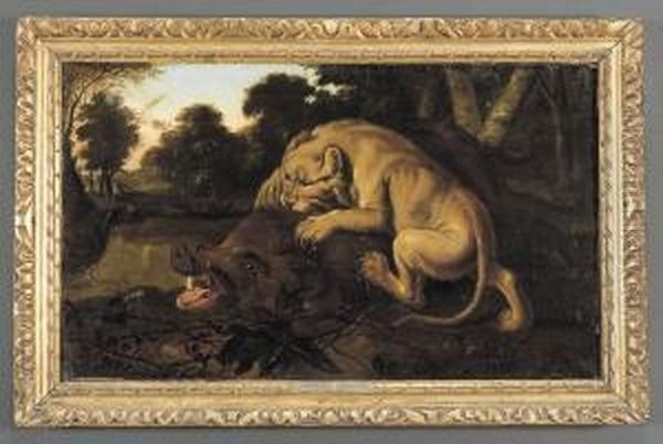 Leone Che Azzanna Un Cinghiale Oil Painting by Abraham Hondius