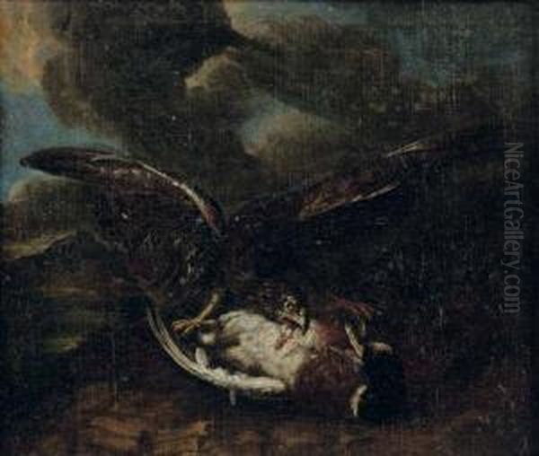 A Bird Of Prey Attacking A Duck Oil Painting by Abraham Hondius