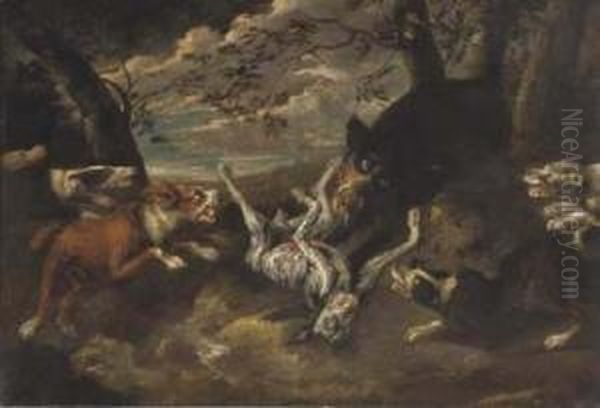 Cani Inferociti Contro Un Cinghiale Oil Painting by Abraham Hondius