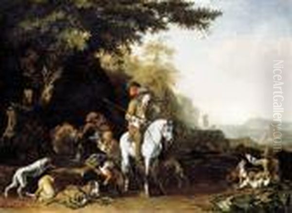 An Extensive Landscape With A 
Hunting Party Resting By A Water Trough And A Sportsman Shooting Oil Painting by Abraham Hondius