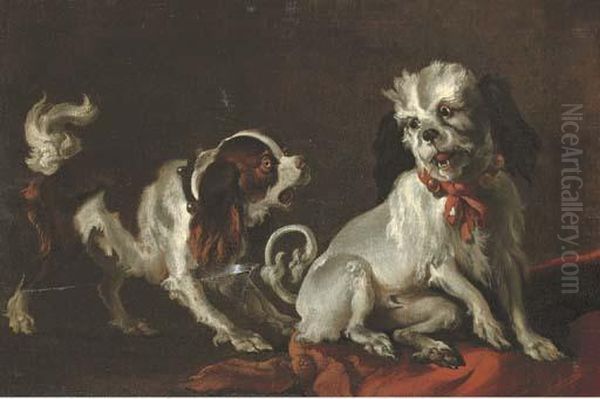 A King Charles Cavalier Spaniel And Another Dog In An Interior Oil Painting by Abraham Hondius