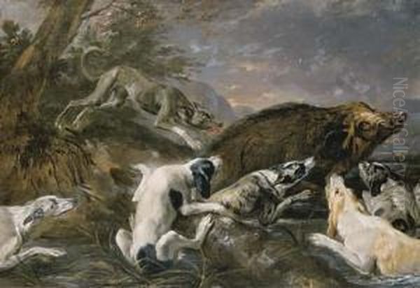 Hounds Attacking A Boar In A River Landscape Oil Painting by Abraham Hondius