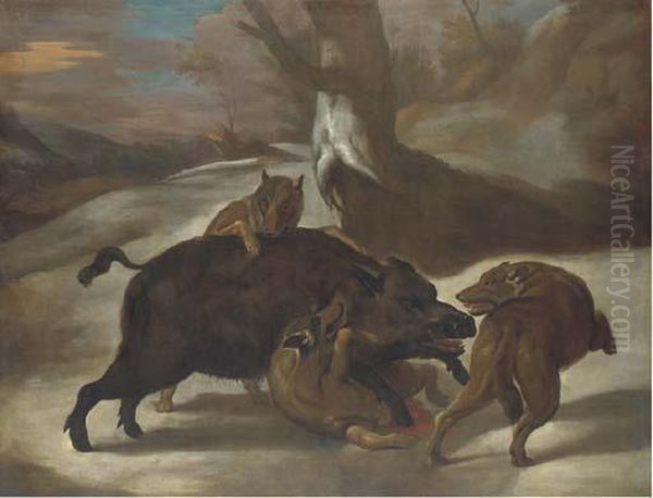 Wolves Attacking A Boar In A Wooded Landscape Oil Painting by Abraham Hondius