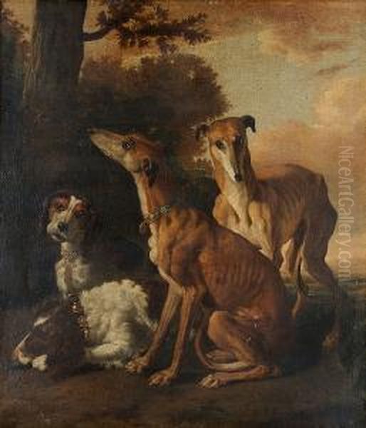 Two Greyhounds With A Setter And A Hound In A Landscape Oil Painting by Abraham Hondius