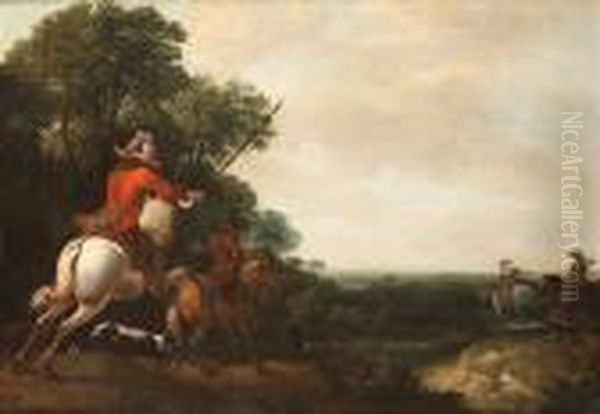 A Landscape With A Hunting Party By A Stream Oil Painting by Abraham Hondius