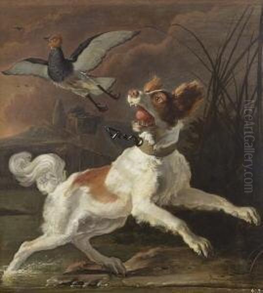 Jagdhund Mit Aufgestobertem Vogel
 Im Schilf. Oil Painting by Abraham Hondius