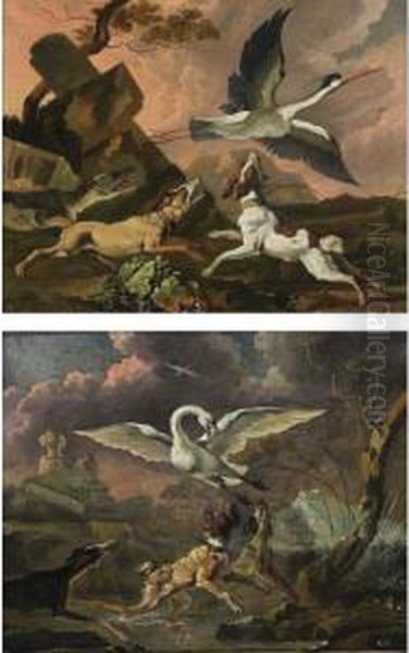 A Swan Being Chased From Her 
Nest By Three Hounds, In An Evening Landscape; A Stork Frightened By Two
 Hounds And A Spaniel Among Classical Ruins, In An Evening Landscape Oil Painting by Abraham Hondius