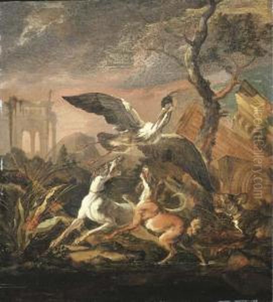 An Evening Landscape With Dogs Flushing A Heron Oil Painting by Abraham Hondius