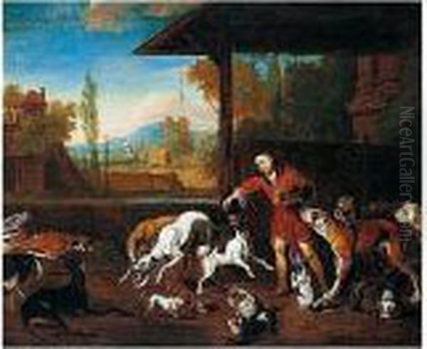 Feeding The Dogs Oil Painting by Abraham Hondius