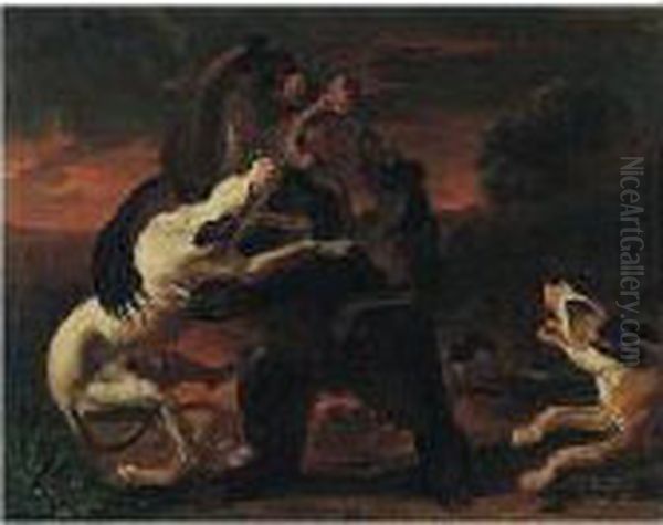 Hounds Attacking A Bear In A Landscape Oil Painting by Abraham Hondius