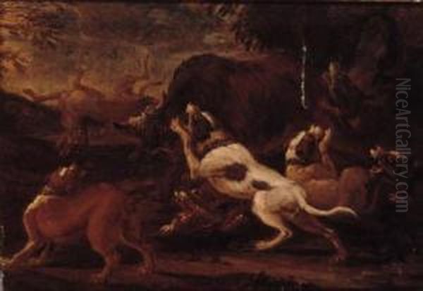 Hounds Attacking Lions; And Hounds Attacking A Bull Oil Painting by Abraham Hondius