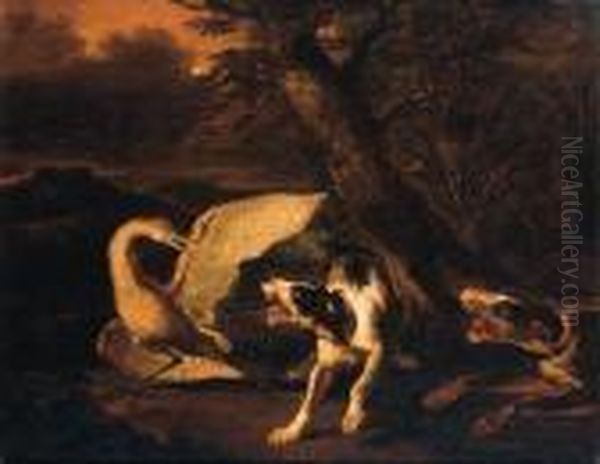 Hounds Attacking A Stork Oil Painting by Abraham Hondius