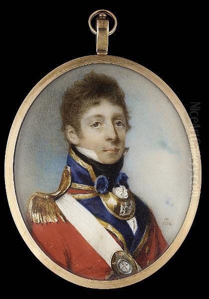 Lieutenant And Captain The Hon. 
William George Crofton (d.1814), Wearing The Uniform Of The Coldstream 
Guards, Scarlet Coat With Gold Edged Blue Facings And Collar, Gold 
Epaulette, White Crossbelt With Regimental Belt Plate, Gilt Gorget And 
Black  Oil Painting by Horace Hone