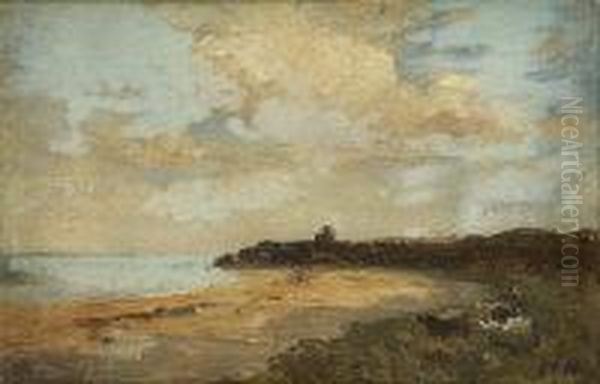 Cattle On Foreshore With Ruins In The Distance Oil Painting by Nathaniel R.H.A. Hone Ii,