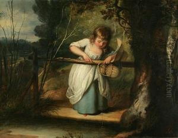 Little Girl Fishing Oil Painting by Nathaniel R.H.A. Hone Ii,