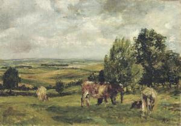 Cows Grazing Oil Painting by Nathaniel R.H.A. Hone Ii,