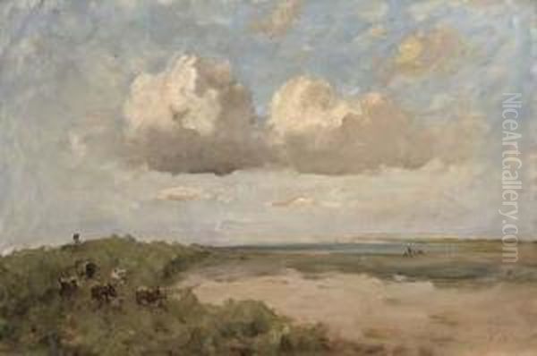 St Marnock's Strand And Sea With Five Cows Oil Painting by Nathaniel R.H.A. Hone Ii,