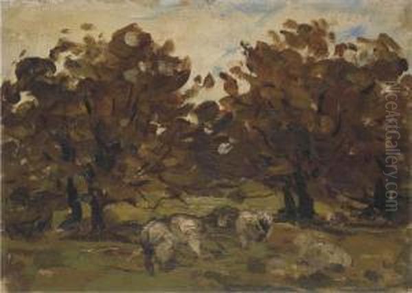 Sheep Under Trees Oil Painting by Nathaniel R.H.A. Hone Ii,