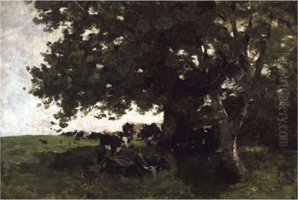 Cows Sheltering Under A Tree Oil Painting by Nathaniel R.H.A. Hone Ii,