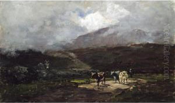 Glenmalure, Co. Wicklow - Herdsman And Cows On A Country Road Oil Painting by Nathaniel R.H.A. Hone Ii,