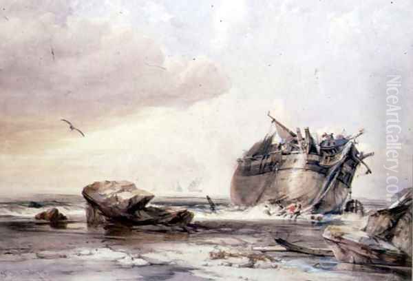 Rocky Shore, with Dismantled Vessel Oil Painting by George Chambers