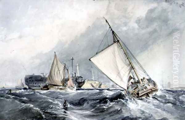 Old Men-of-War at Anchor: boats in a Gale Oil Painting by George Chambers