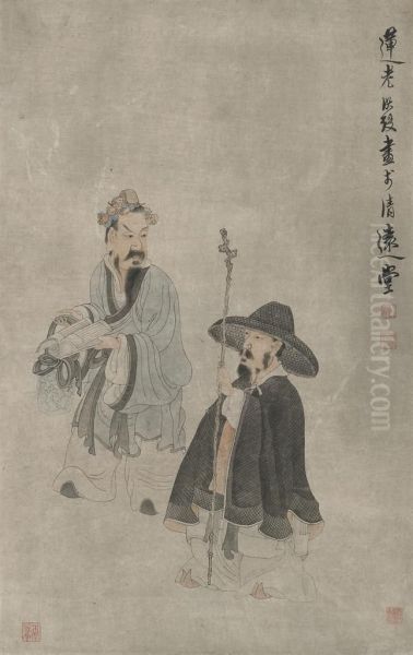 Two Scholars Oil Painting by Chen Hongshou