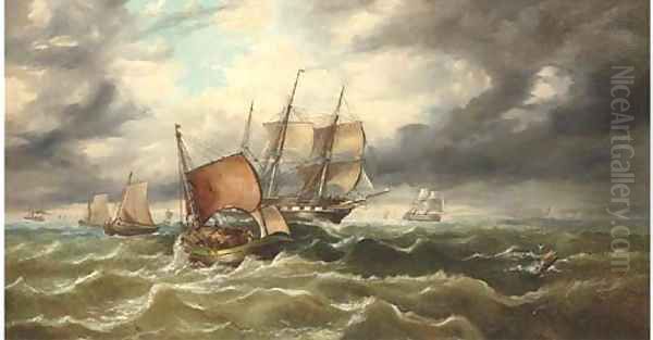 Warships running through the fishing fleet offshore Oil Painting by George Chambers